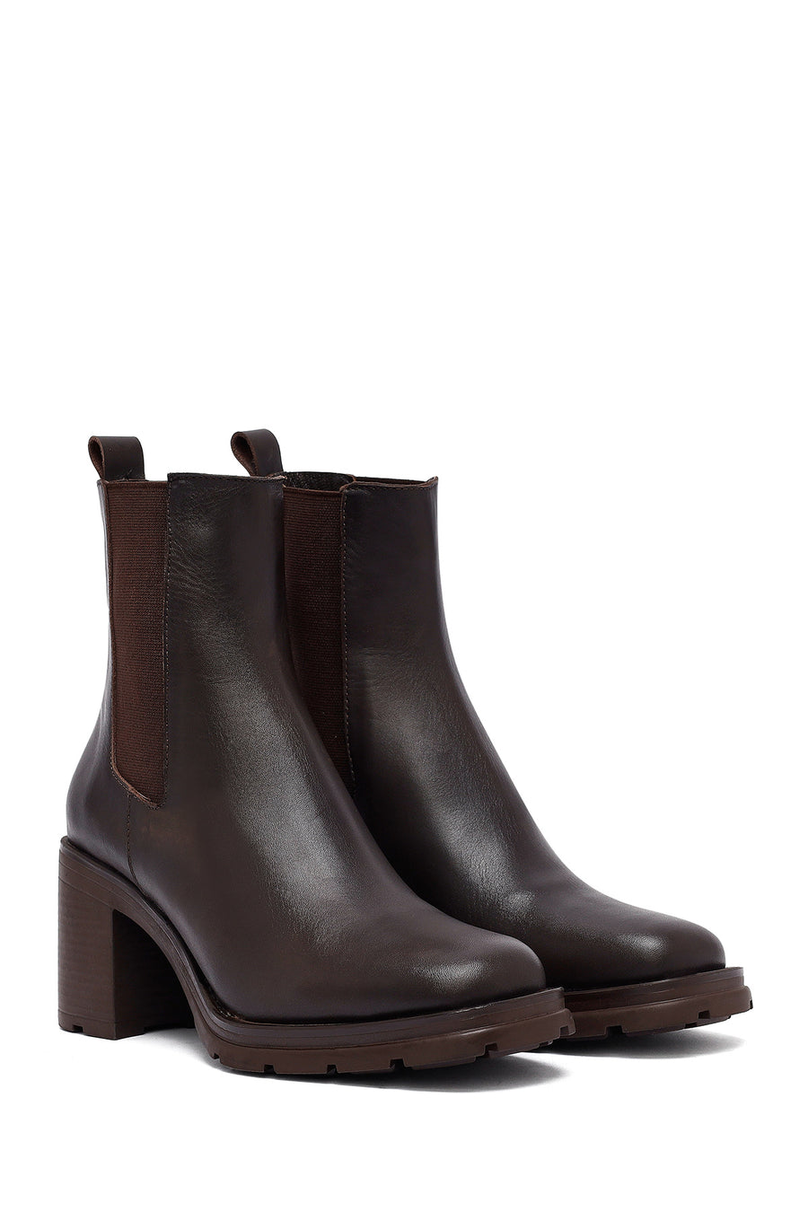 Woman Brown Chunky Heels Leather Boat