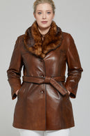 New Alexandra Camel Women's Shearling Leather Coat | Derimod