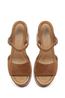 Woman Tan Buckled Platform Block-Heel Suede Leather Sandals | Derimod