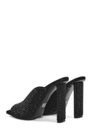 Women's Black Thick High Heeled Stoned Leather Slippers | Derimod