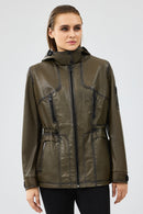 Jessica Women's Khaki Hooded Leather Jacket | Derimod