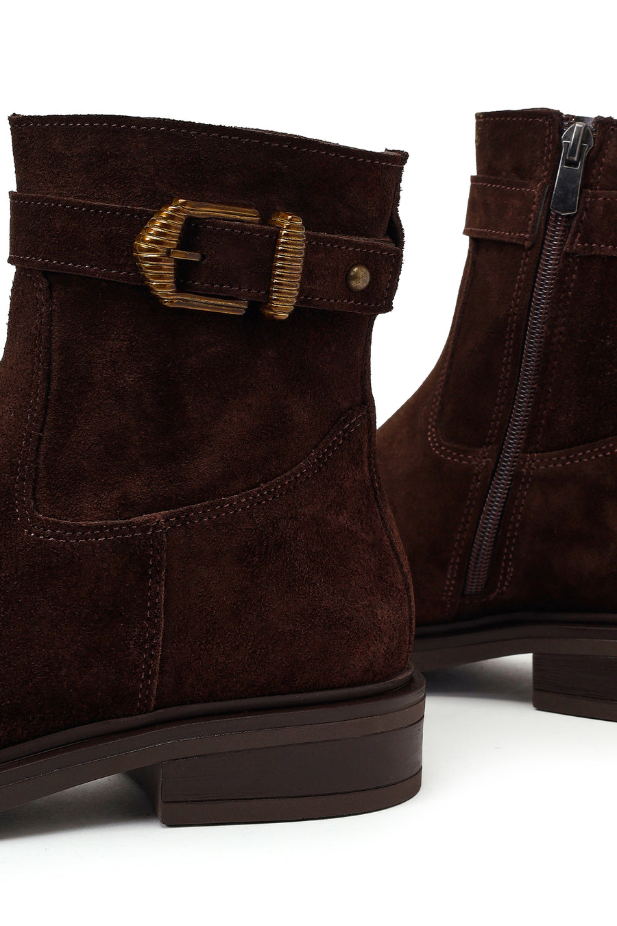 Woman Brown Zip Closure Buckled Suede Leather Boots