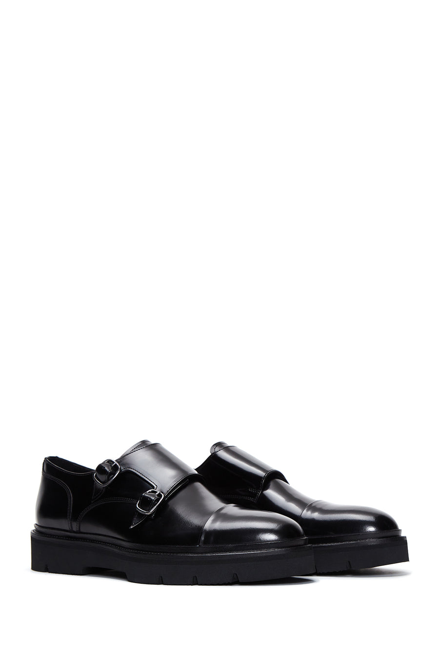 Men's Black Double Buckle Leather Casual Shoes