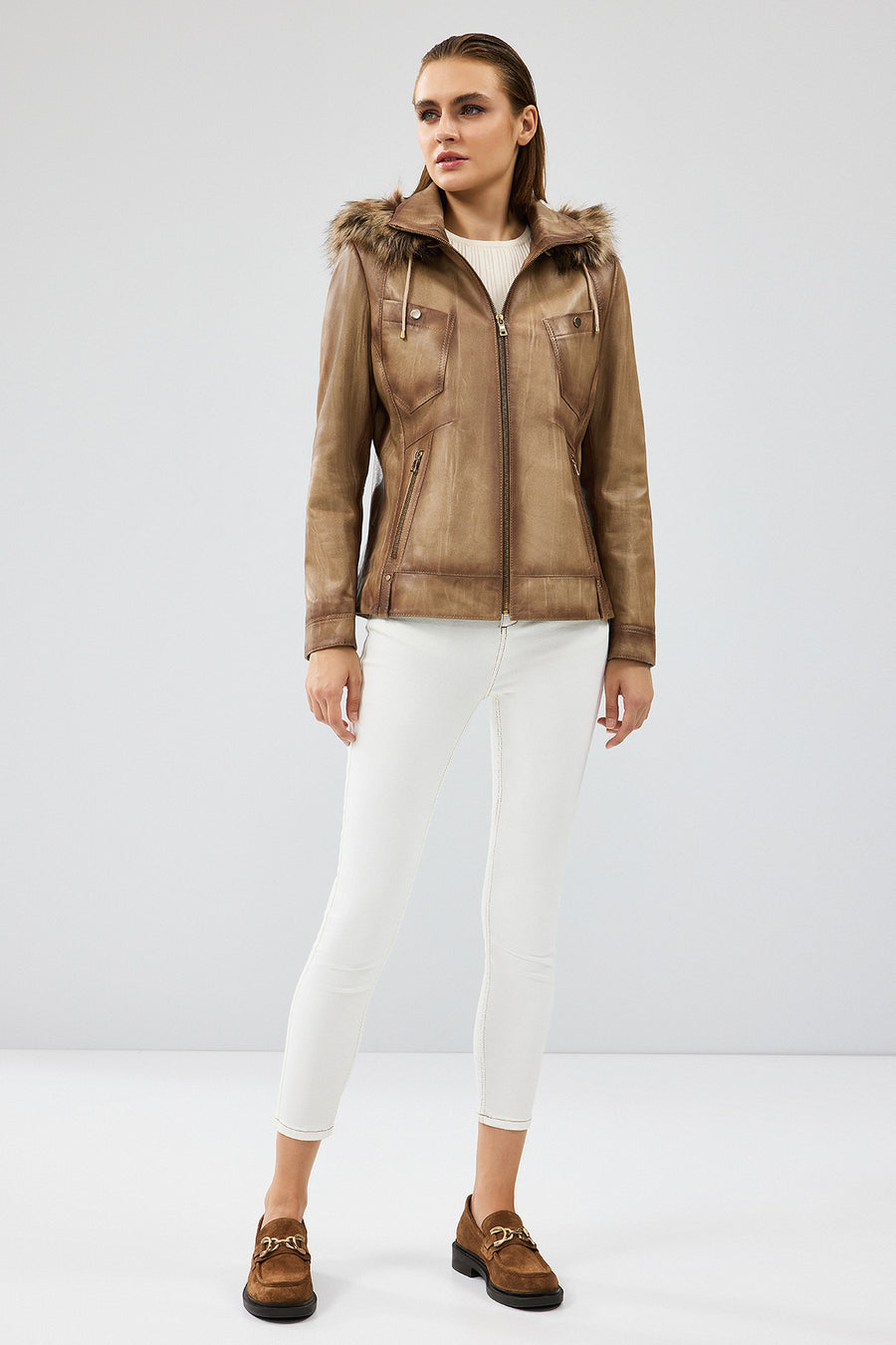 Meggy Women's Beige Hooded Furry Leather Jacket
