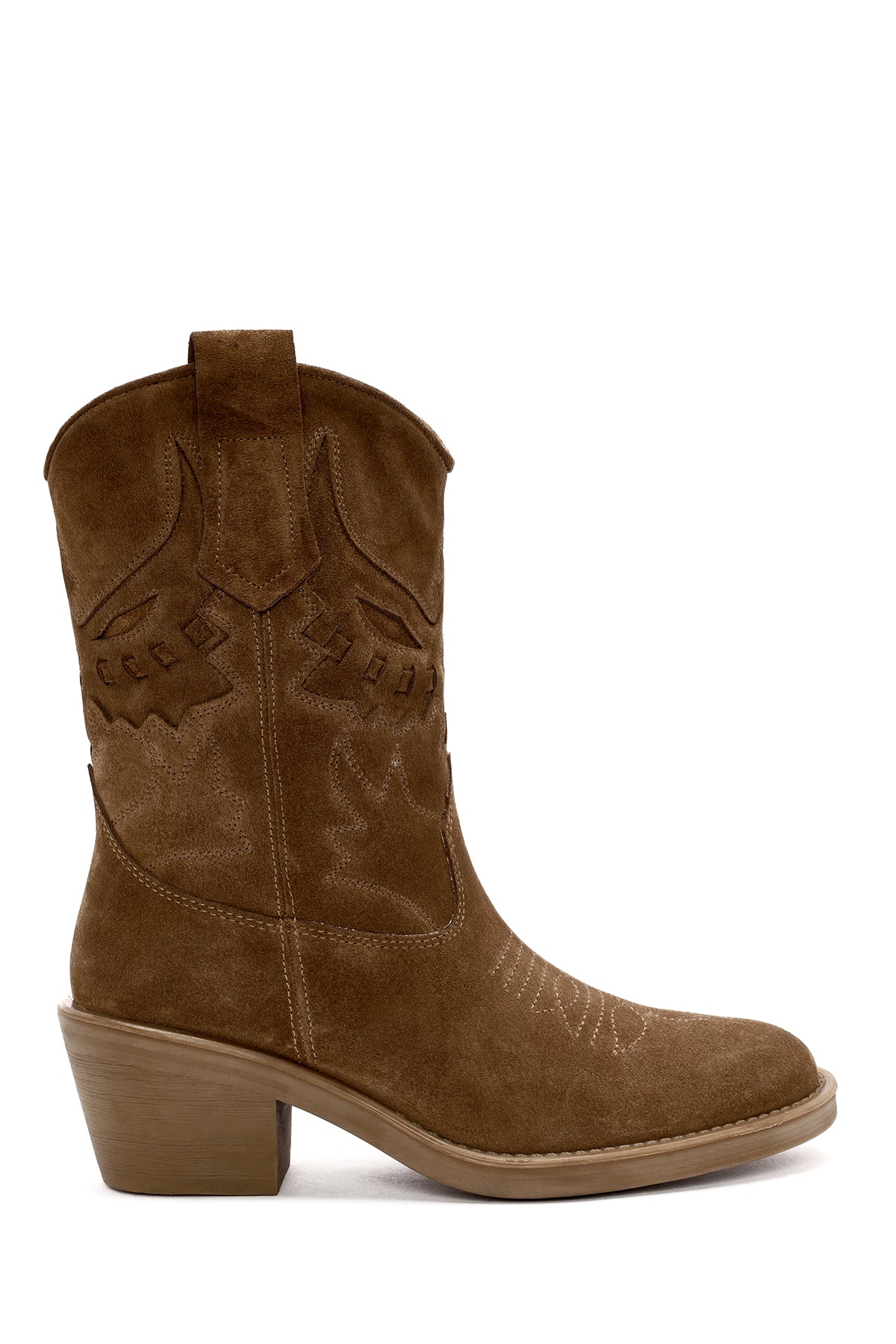 Woman Mink Suede Low Chunky Heel Leather Cowboy Boots 25AFD184210 | Derimod