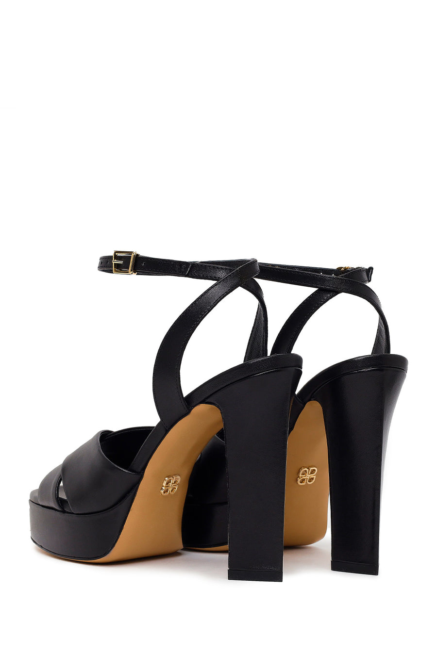 Woman Black Ankle-Buckle Platform High Chunky Heel Leather Sandal