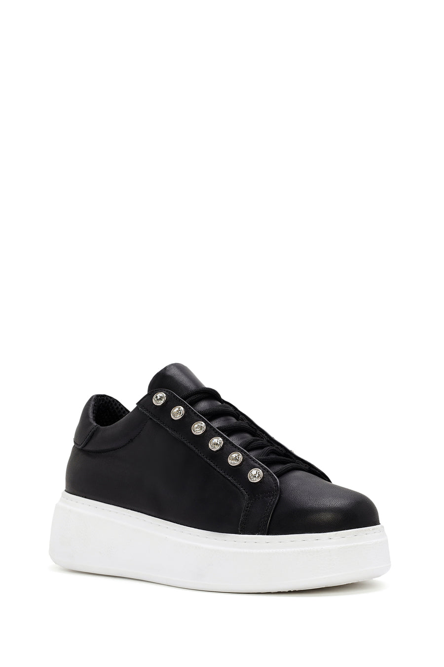 Women's Black Stone Laced Thick Soled Leather Sneakers