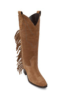 Woman Tan Fringed Chunky-Heeled Suede Cowboy Boots | Derimod