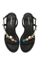 Women's Black Ankle Buckle Stoned Sandals | Derimod