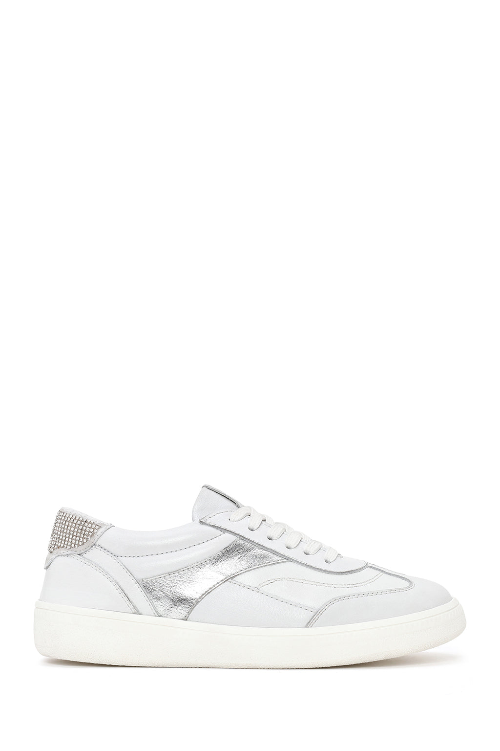 Kadın Beyaz Bağcıklı Kalın Tabanlı Taşlı Deri Sneaker