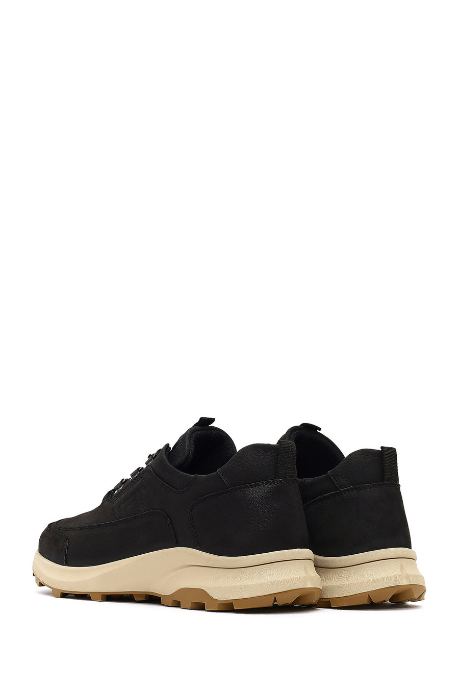 Men's Black Lace-Up Thick-Soled Nubuk Leather Casual Sneaker