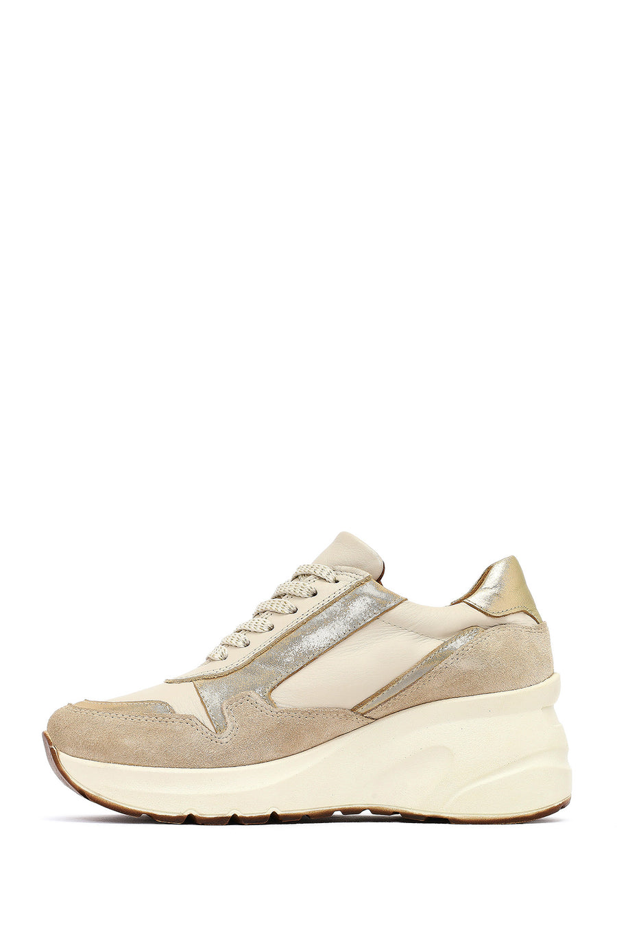 Woman Beige Lace-Up Zipper Detailed Wedge Heels Leather Sneakers