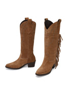 Woman Tan Fringed Chunky-Heeled Suede Cowboy Boots | Derimod