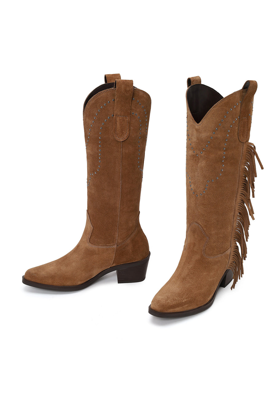 Woman Tan Fringed Chunky-Heeled Suede Cowboy Boots