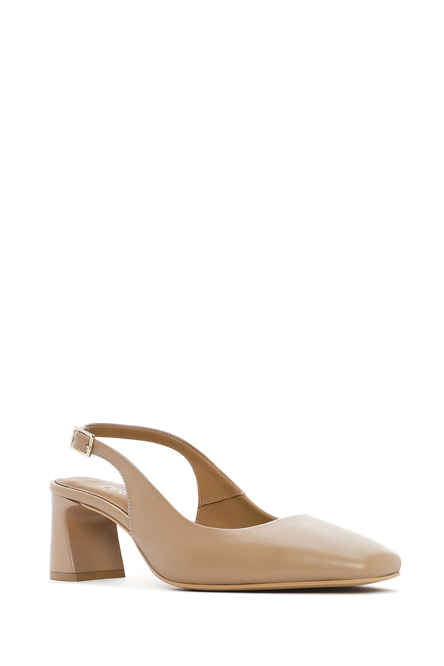 Women's Beige Slingback Low Thick Heel Leather Shoes