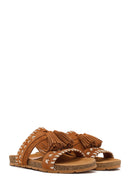 Women's Tan Tassel Suede Leather Slippers | Derimod