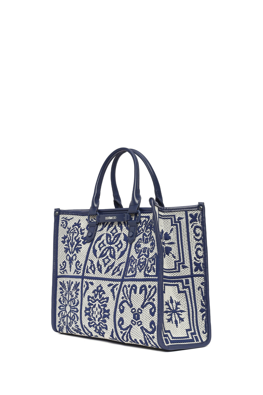 Woman Navy Patterned Fabric Long-Strap Shoulder Bag