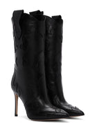 Women's Black Patterned Thin Heeled Leather Boots | Derimod