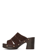 Woman Brown Chunky-Heeled Suede Leather Slippers | Derimod