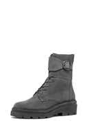Geox Women's Gray Felleny Lace-Up Zipper Detailed Leather Combat Boots | Derimod