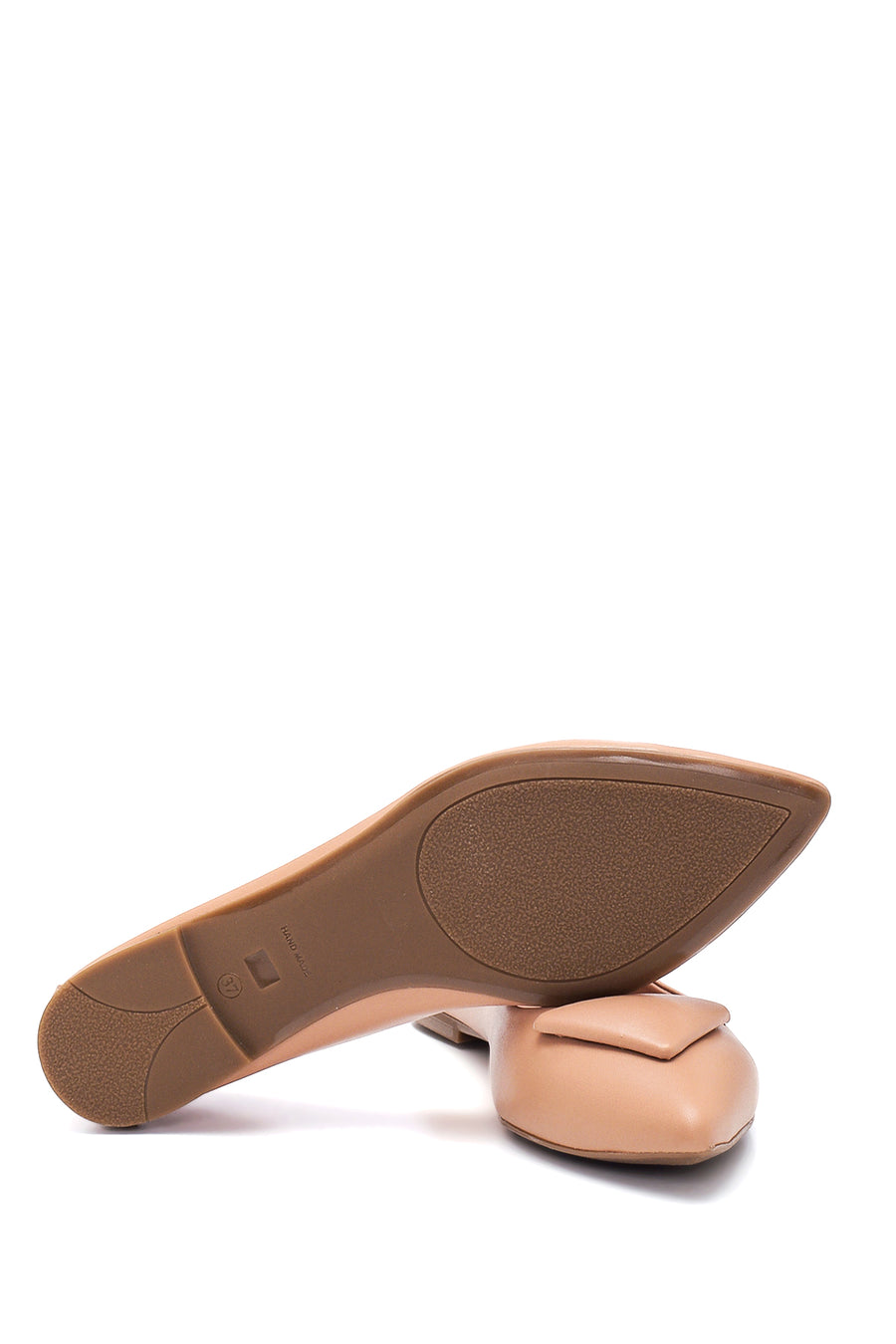 Women's Beige Leather Buckled Ballerinas