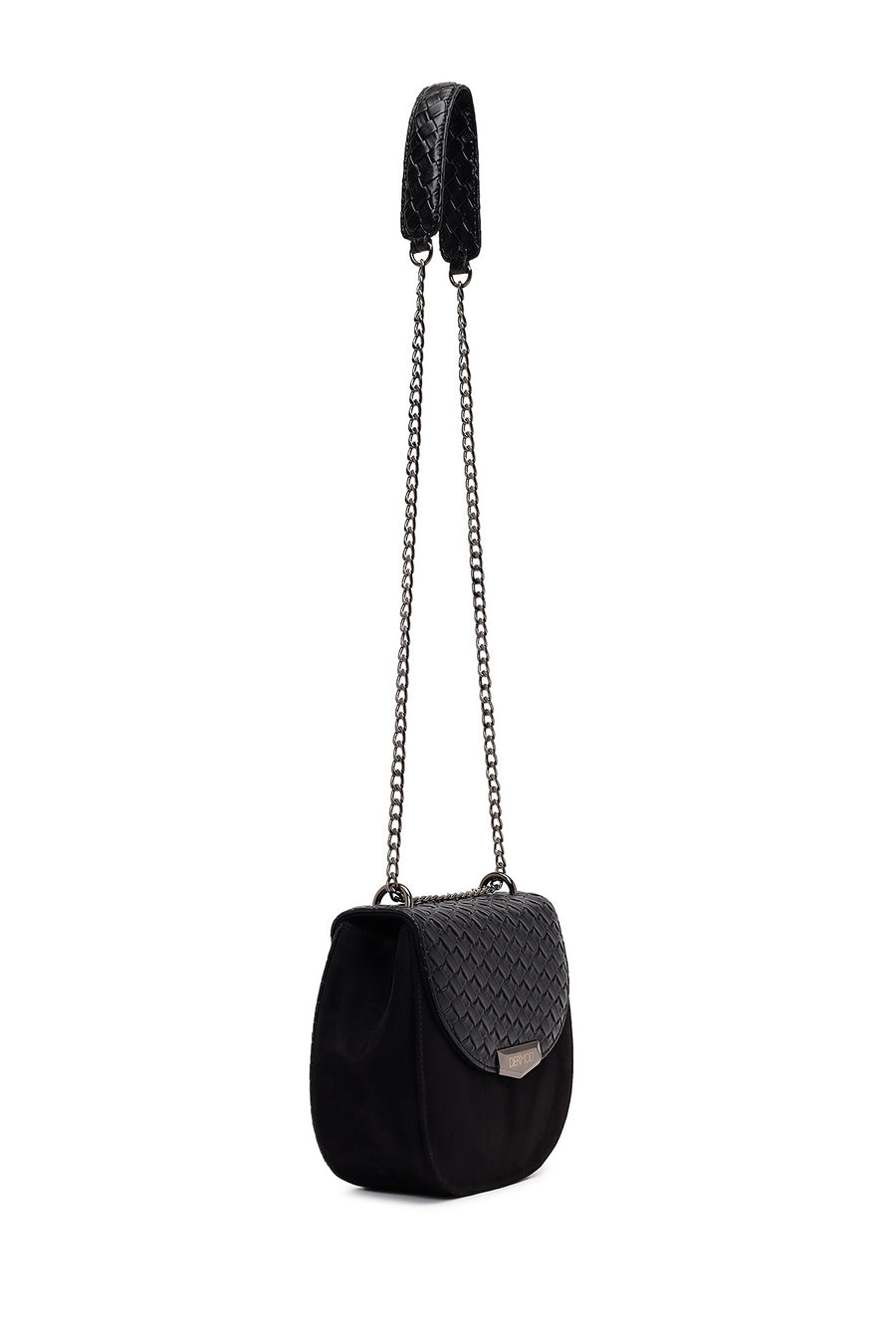Woman Black Chain Long-Strap Braided Crossbody Bag