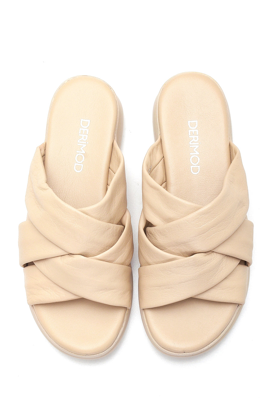 Women's Beige Leather Casual Flat Slippers