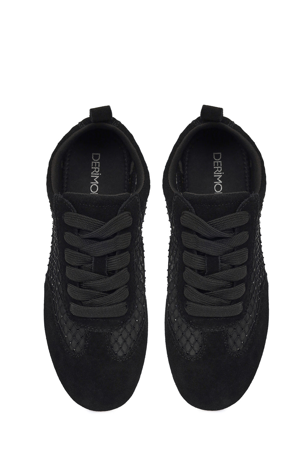 Kadın Siyah Bağcıklı Taşlı Süet Deri Sneaker