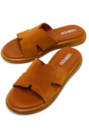 Woman Tan Suede Leather Slippers | Derimod