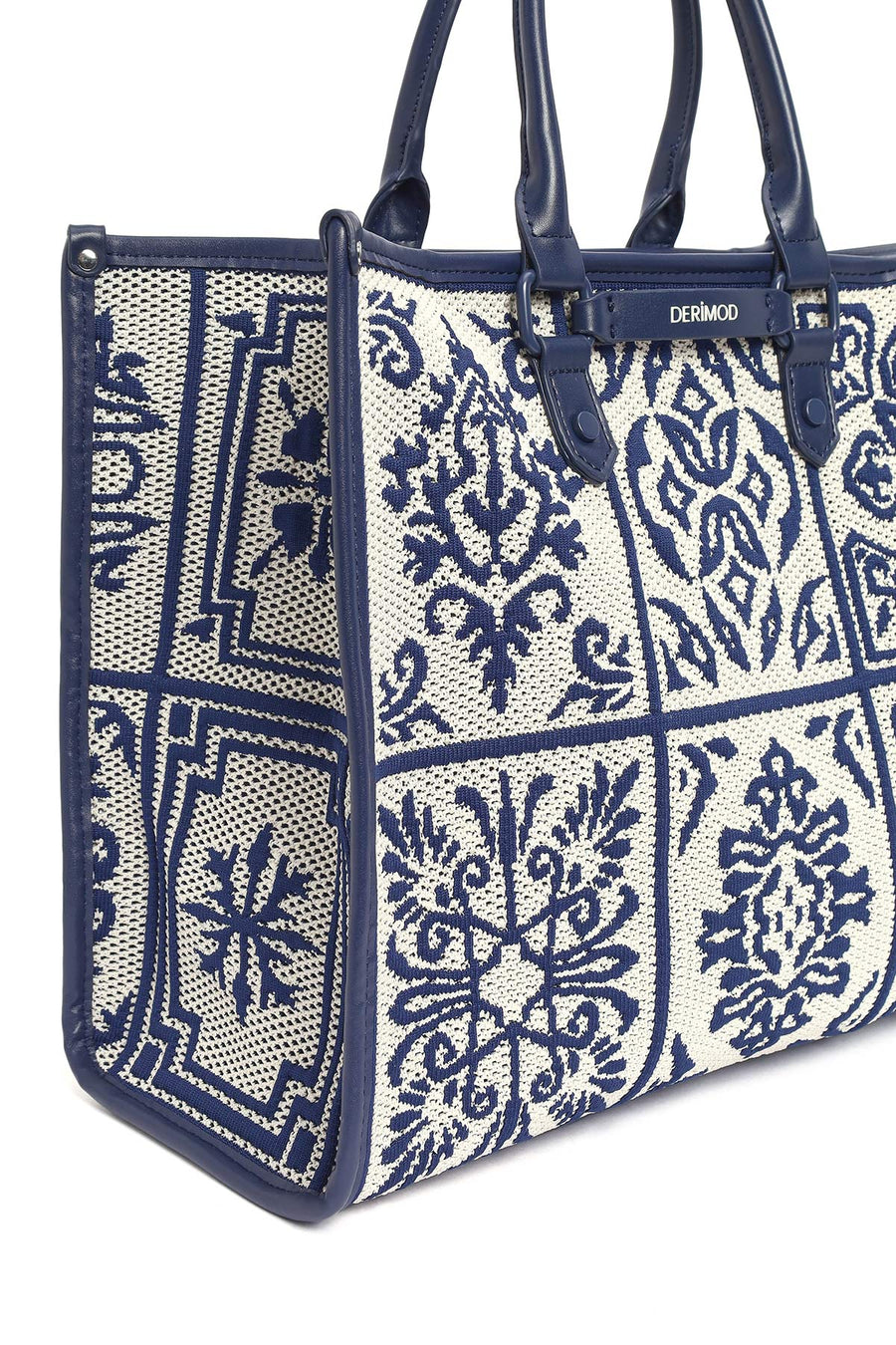 Woman Navy Patterned Fabric Long-Strap Shoulder Bag