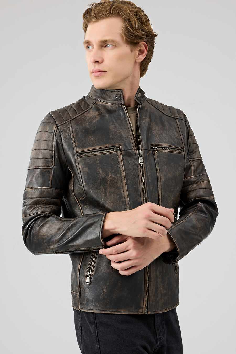 Morant Men's Brown Vintage Slim-Fit Leather Jacket