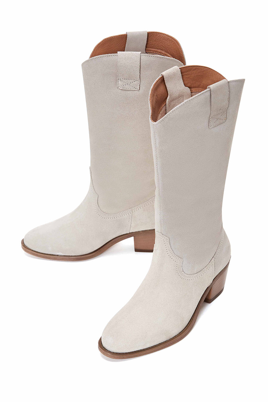 Women's Beige Suede Leather Heeled Cowboy Boots