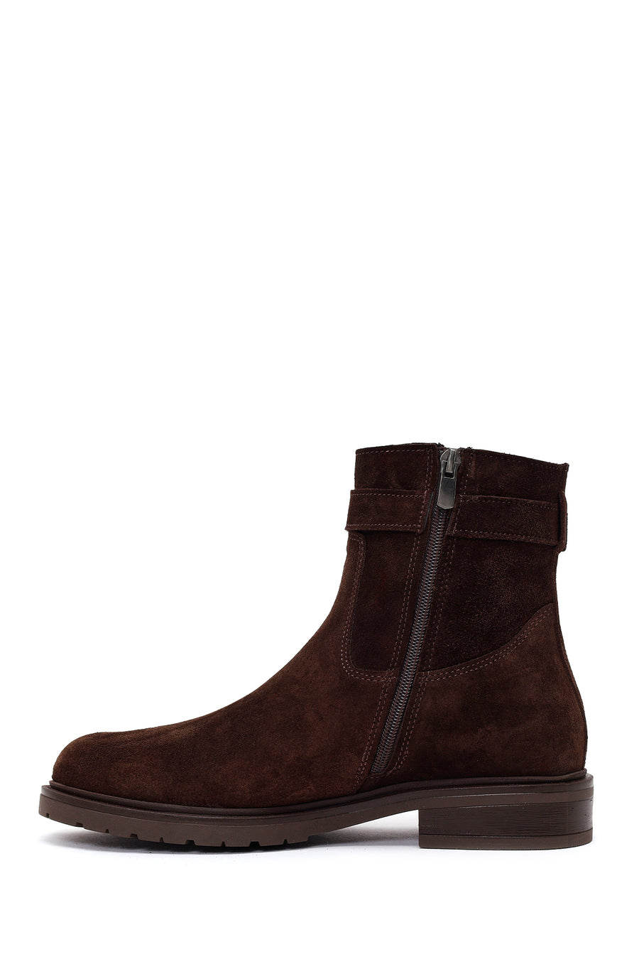 Woman Brown Zip Closure Buckled Suede Leather Boots