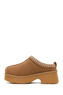 Woman Camel Thick-Soled Leopard Patterned Suede Teddy Boots | Derimod