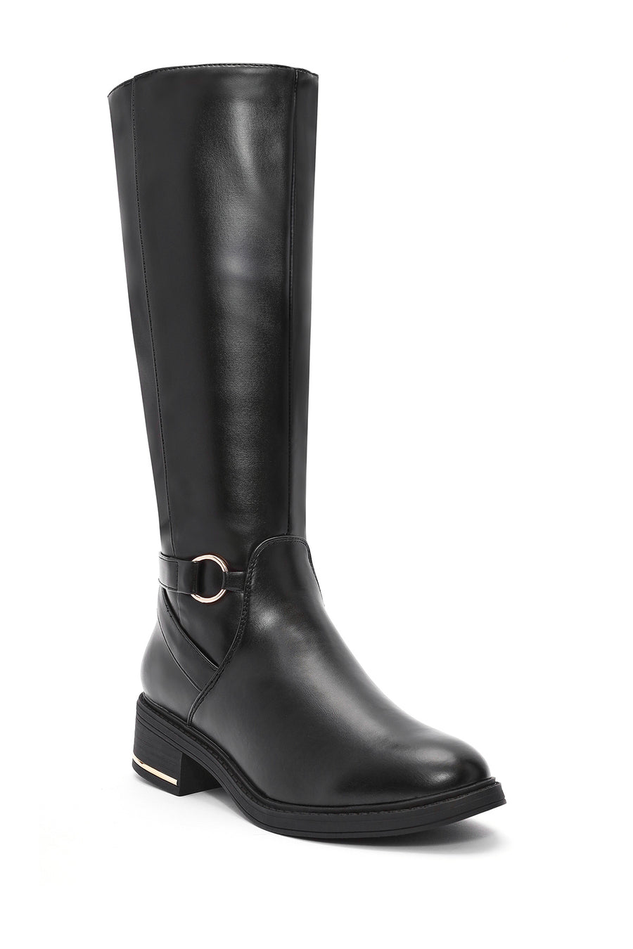 Woman Black Zip Closure Buckle Detailed Boots