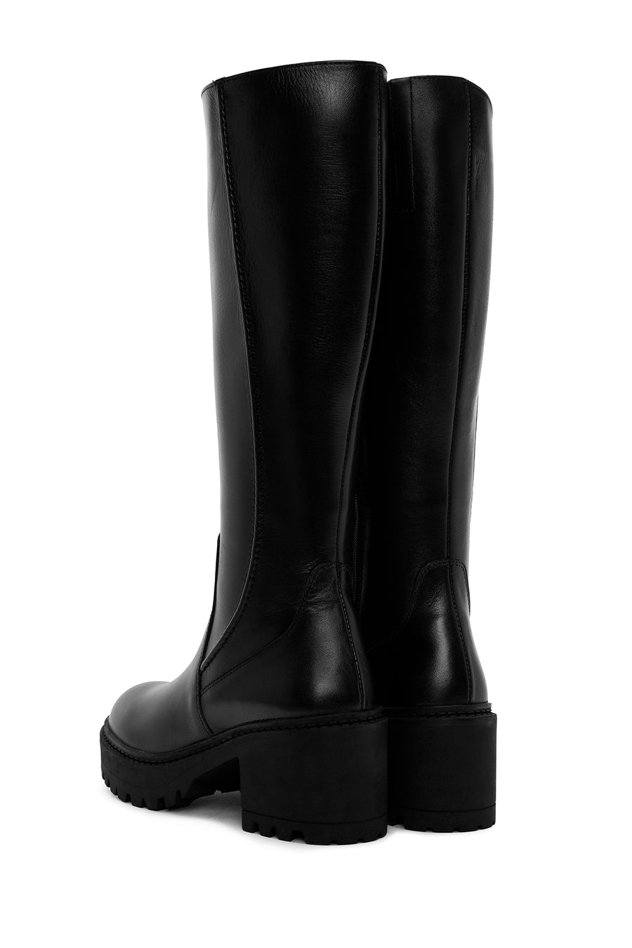 Woman Black Zip Closure Chunky Heeled Leather Boots