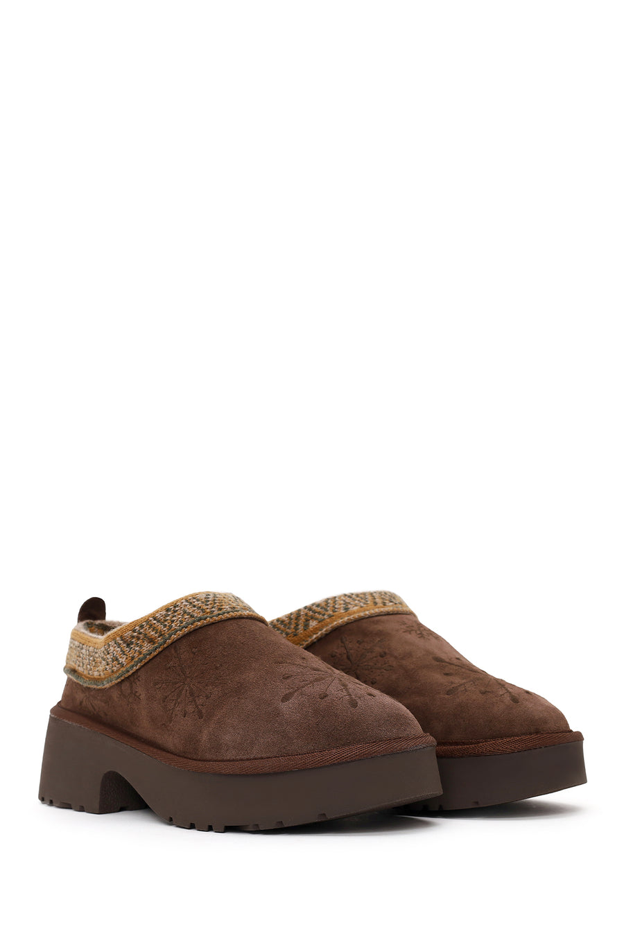 Woman Brown Patterned Chunky Heeled Suede Teddy Slipper