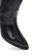 Woman Black Short Chunky Heel Leather Cowboy Boots | Derimod