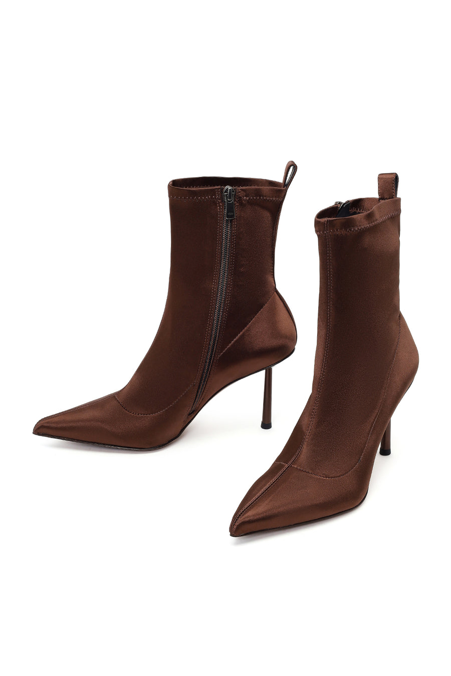Woman Brown Zip Closure Thin-heeled Stretch Boots