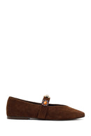 Women's Brown Suede Leather Ballet Flats with Rhinestones | Derimod