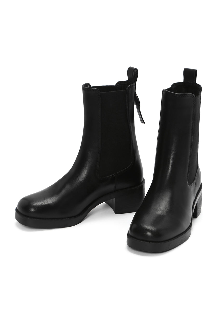 Women's Black Thick Heeled Leather Chelsea Boots
