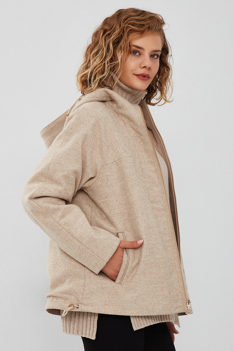 Roma Women's Beige Hooded Double-Sided Oversize Leather Jacket