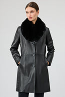 Christina Women's Black Fur Long Leather Coat | Derimod