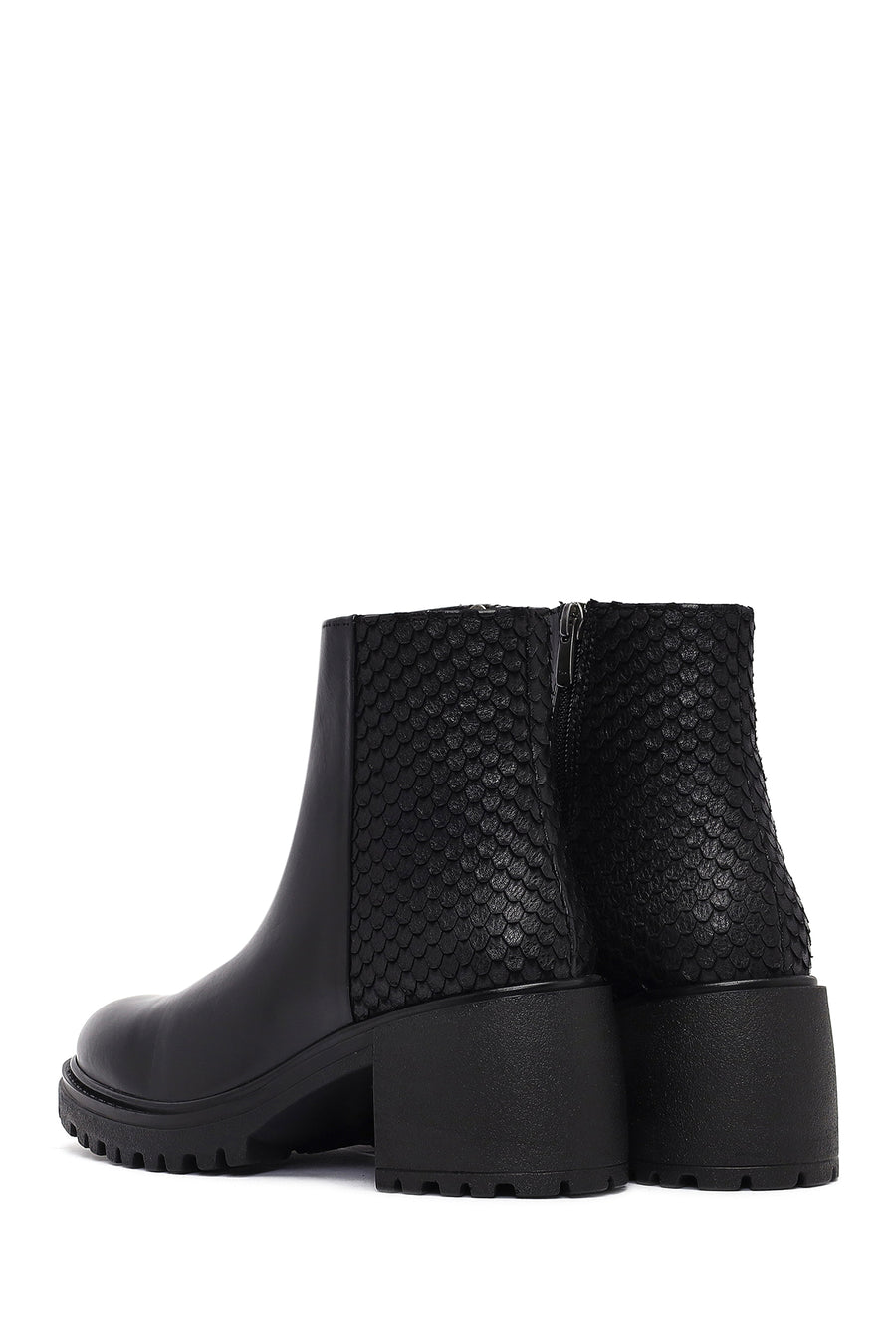 Women's Black Zippered Thick Heeled Leather Boot