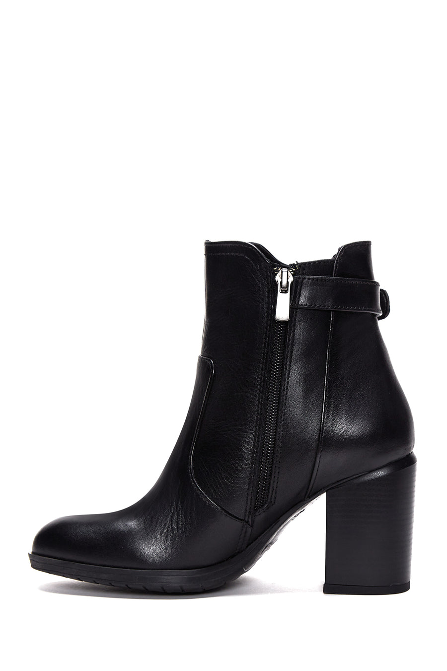 Women's Black Leather Zippered Heeled Boots