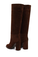 Woman Brown High Thick-Heeled Suede Boots | Derimod