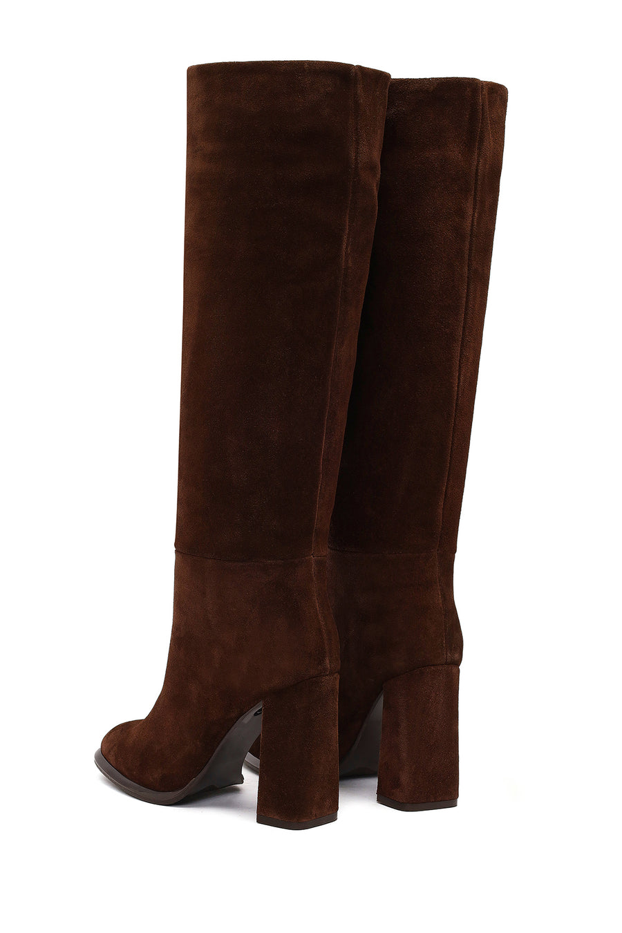 Woman Brown High Thick-Heeled Suede Boots