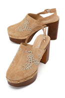 Woman Beige Ankle-Buckle Platform High Chunky High-Heel Suede Sandal | Derimod