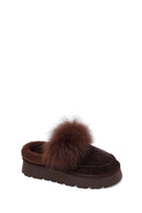 Woman Brown Thick-Soled Plush Suede Teddy Slipper | Derimod