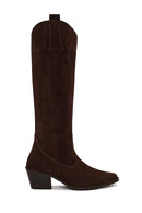Woman Brown Chunky Heeled Suede Leather Cowboy Boots | Derimod